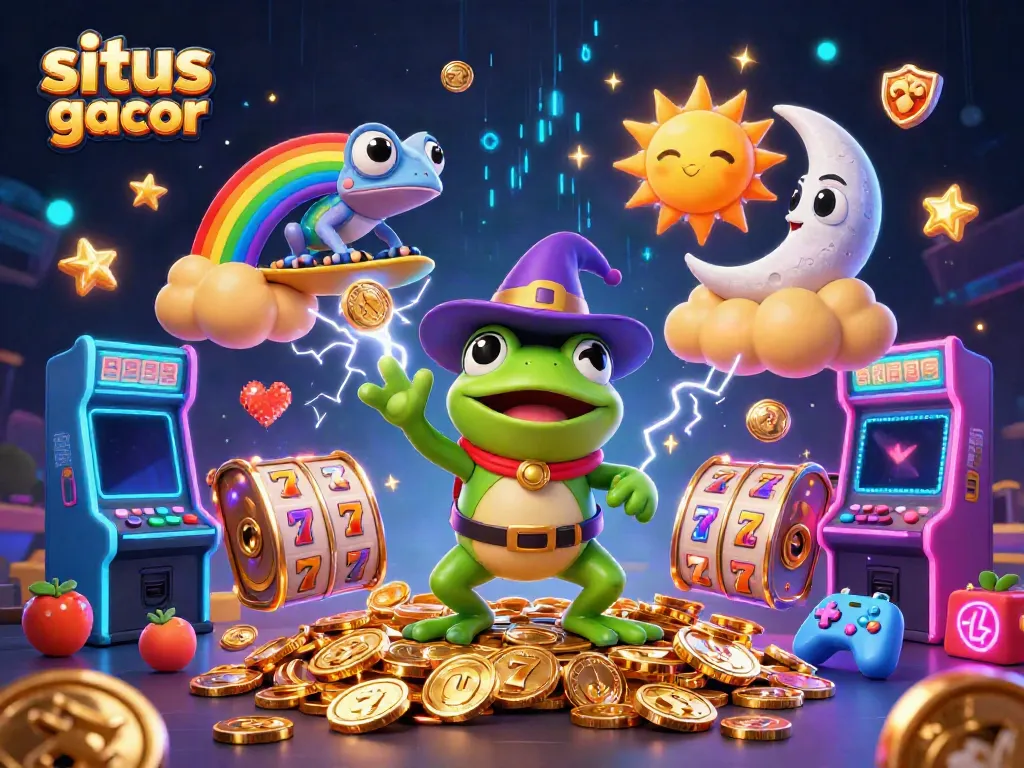 Experience the excitement of situs slot gacor with a dynamic scene featuring a wizard frog and rainbow chameleon amidst golden coins and slot symbols.
