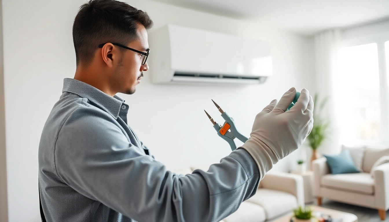 Air conditioning repair technician expertly fixing a unit in a bright, modern home environment.