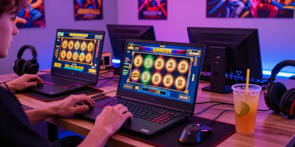 Engaged player enjoying slot gacor game with colorful laptop display and gaming accessories.