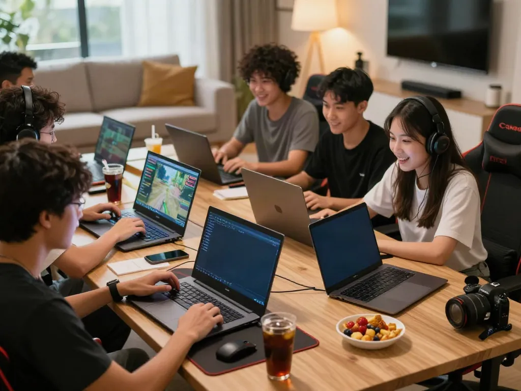 Engaged players accessing bro138 login on laptops and smartphones in a modern gaming setup.
