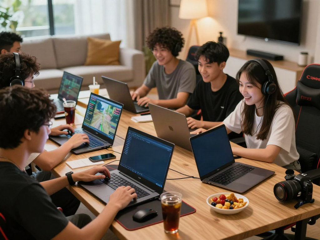 Engaged players accessing bro138 login on laptops and smartphones in a modern gaming setup.