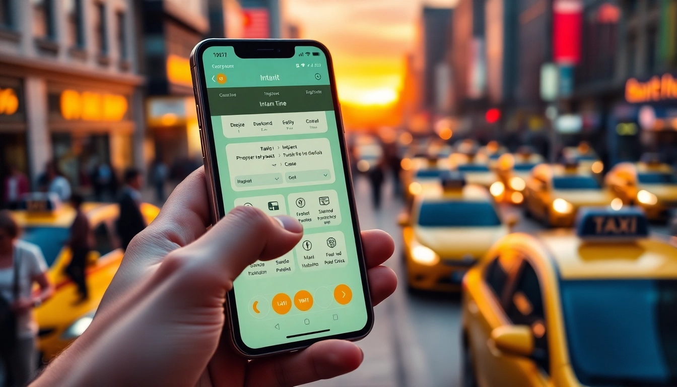 Engaging instant ride booking app showcased on a smartphone against a lively city backdrop.