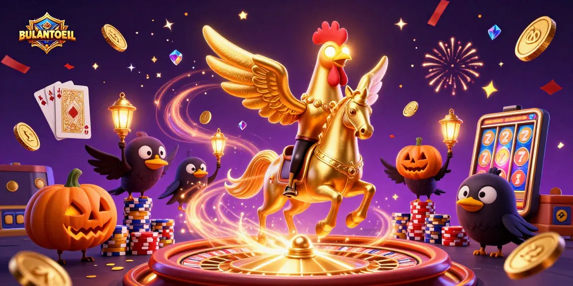 BULANTOGEL showcases a golden rooster horseman amidst a vibrant casino scene, capturing thrilling gameplay.
