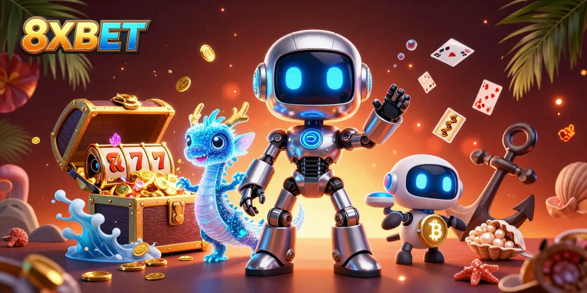 8XBET players winning big with vibrant slots and thrilling casino games in 3D digital illustration