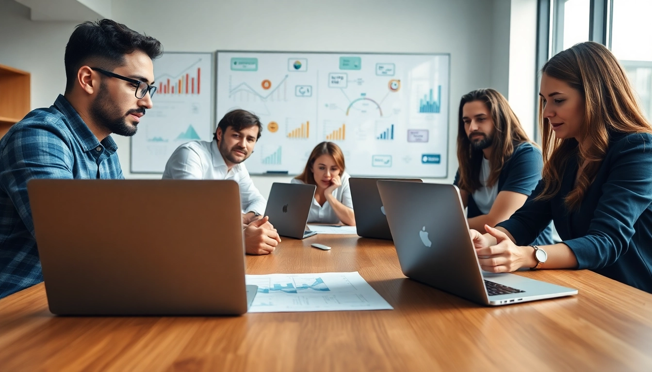 Crafting a crypto guest post strategy with a professional marketing team in a bright office setting.
