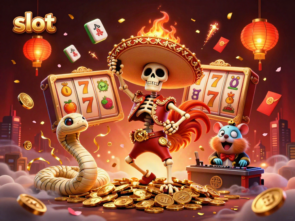 Experience winning with vibrant slot symbols and dynamic characters in a lively casino scene.