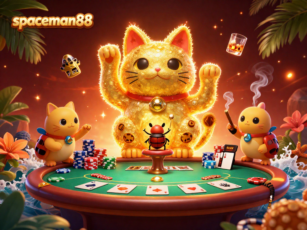 Engage with the energetic scene of spaceman88's lucky cat surrounded by poker elements and casino excitement.