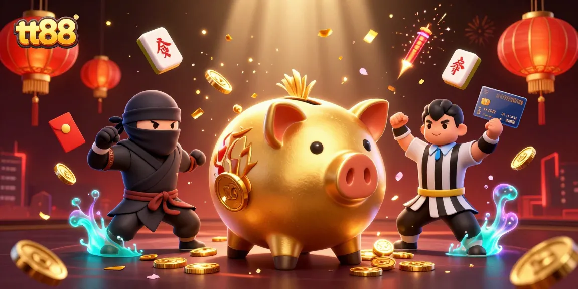 Engage with tt88's vibrant gaming scene featuring a golden sumo wrestler and a credit-card samurai.