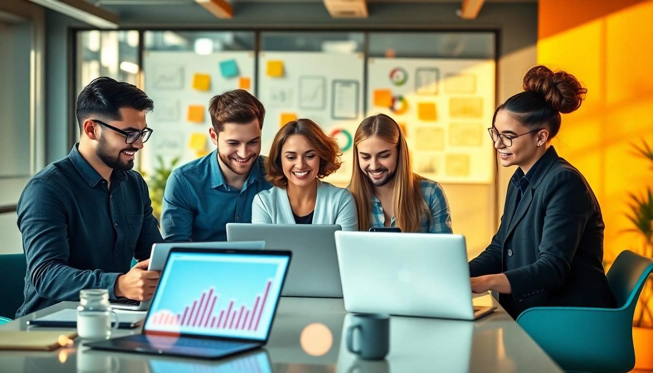 Digital Marketing Heroes teamwork in a modern office, showcasing creativity and collaboration.