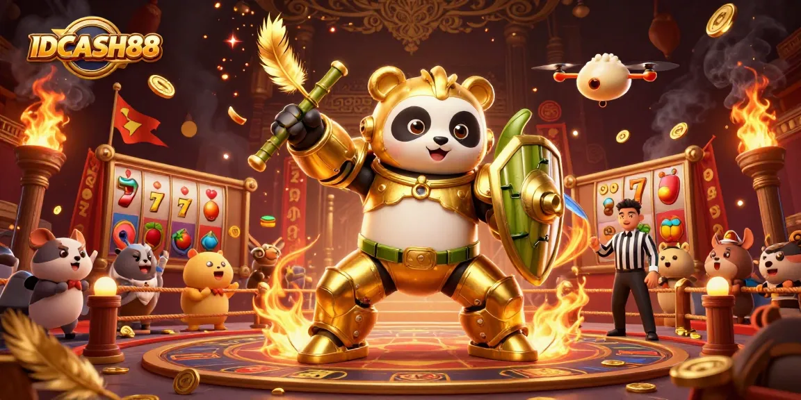 Experience thrilling slots action with IDCASH88's vibrant 3D casino scene featuring golden panda and slot elements.