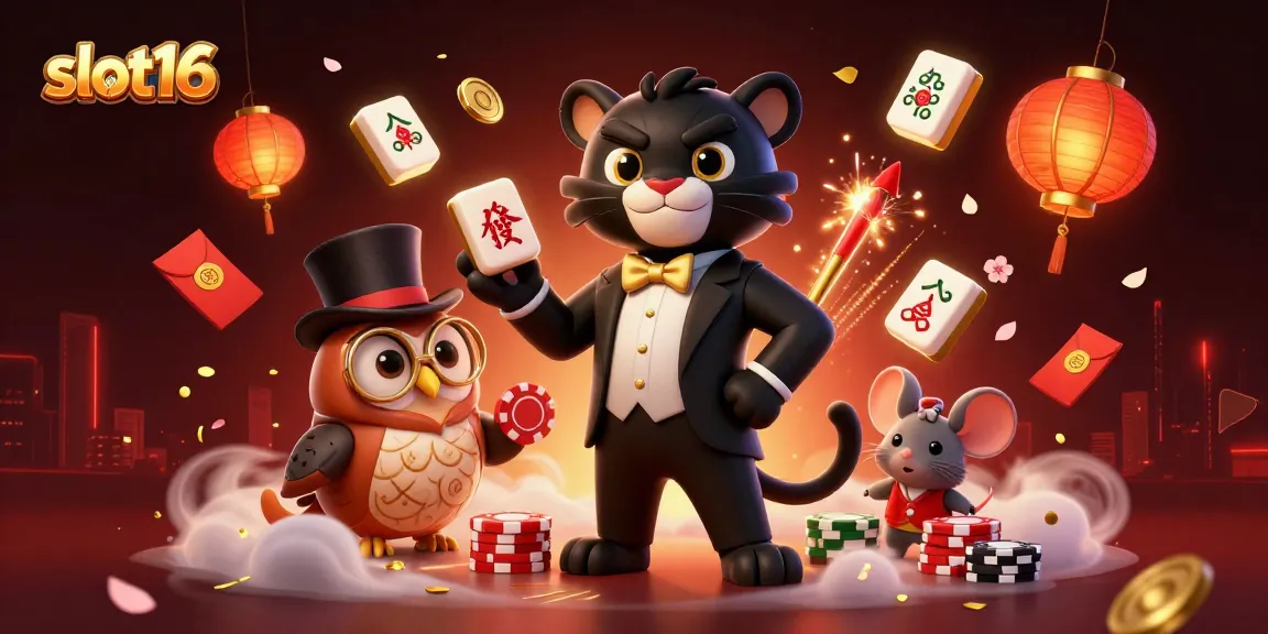 Engage with slot16 as a stylish black panther elegantly deals slot reels alongside whimsical characters.
