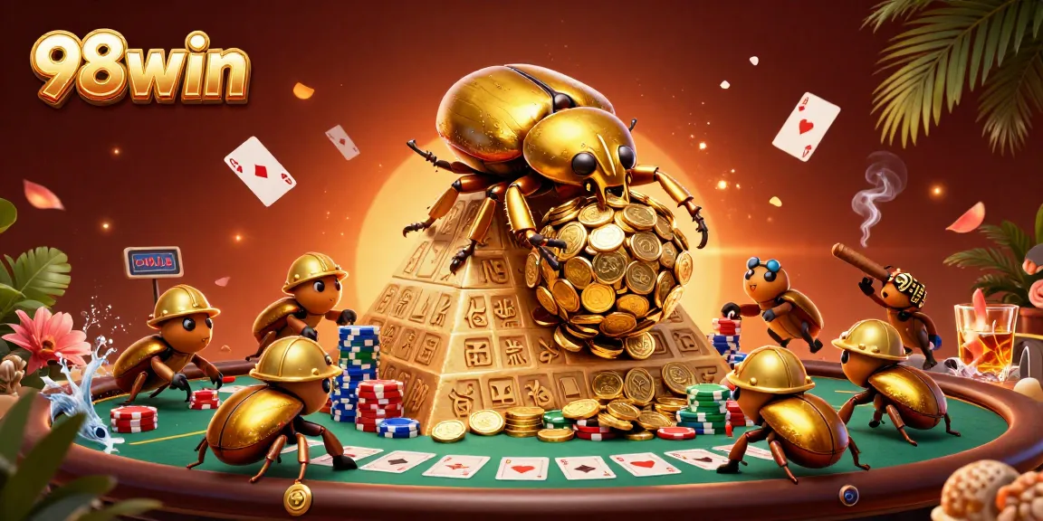 Experience the excitement of 98win with vibrant gold coins and dynamic poker elements.