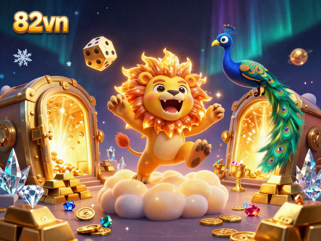 Engage with 82vn's casino adventure featuring animated treasures and roaring fortune symbols.