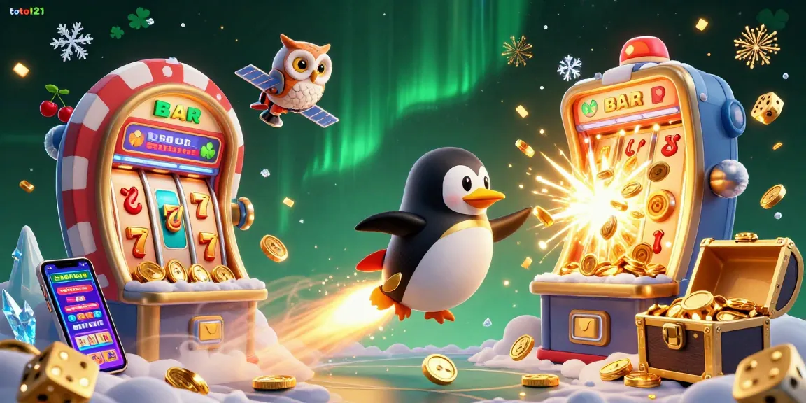 Engage with the thrilling scene as toto121's golden penguin navigates casino space with dynamic slot machines and treasures.