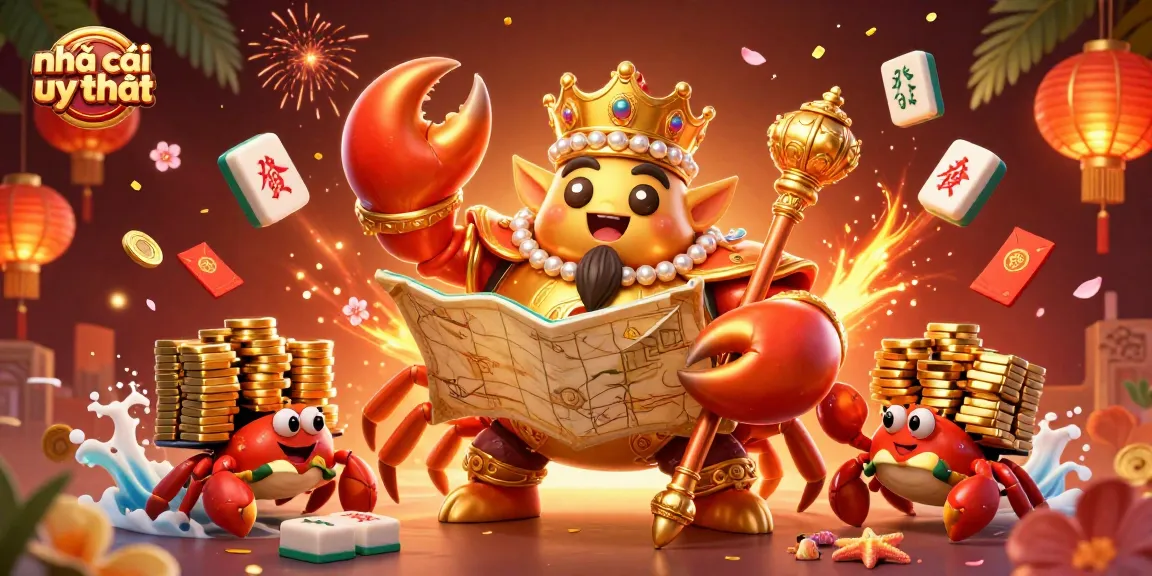 Play exciting games at nhà cái uy tín with a golden crab emperor overseeing lucky treasures and festive celebrations.
