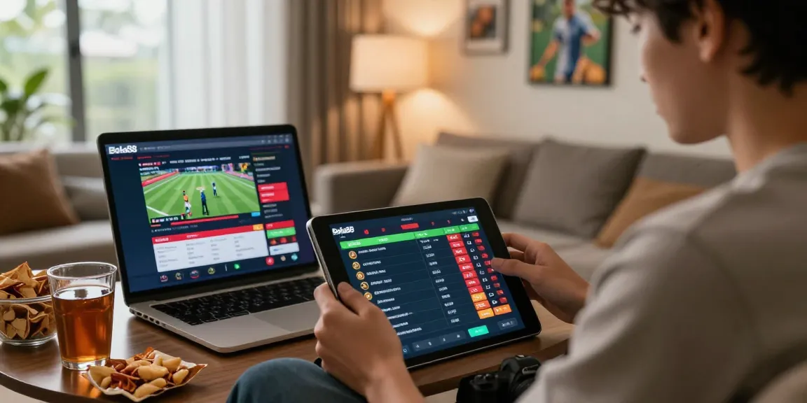 Bola88 user engaging with online betting services in a cozy environment.