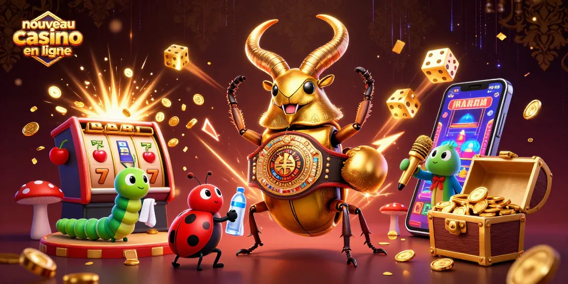 Illustration d'un nouveau casino en ligne présentant un scarabée géant de l'or dans un combat de boxe et des éléments de machines à sous.