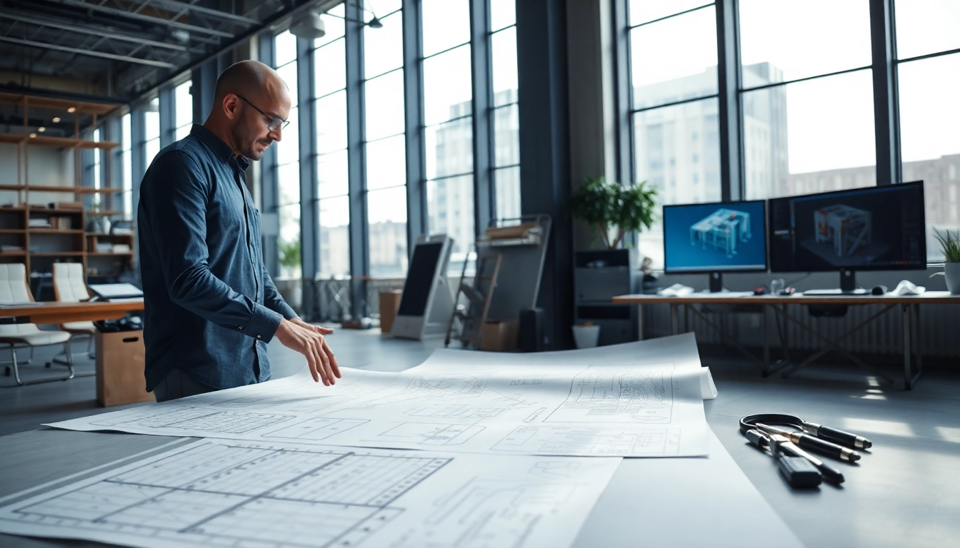 Engaging structural engineering services planning session with blueprints and engineering tools.