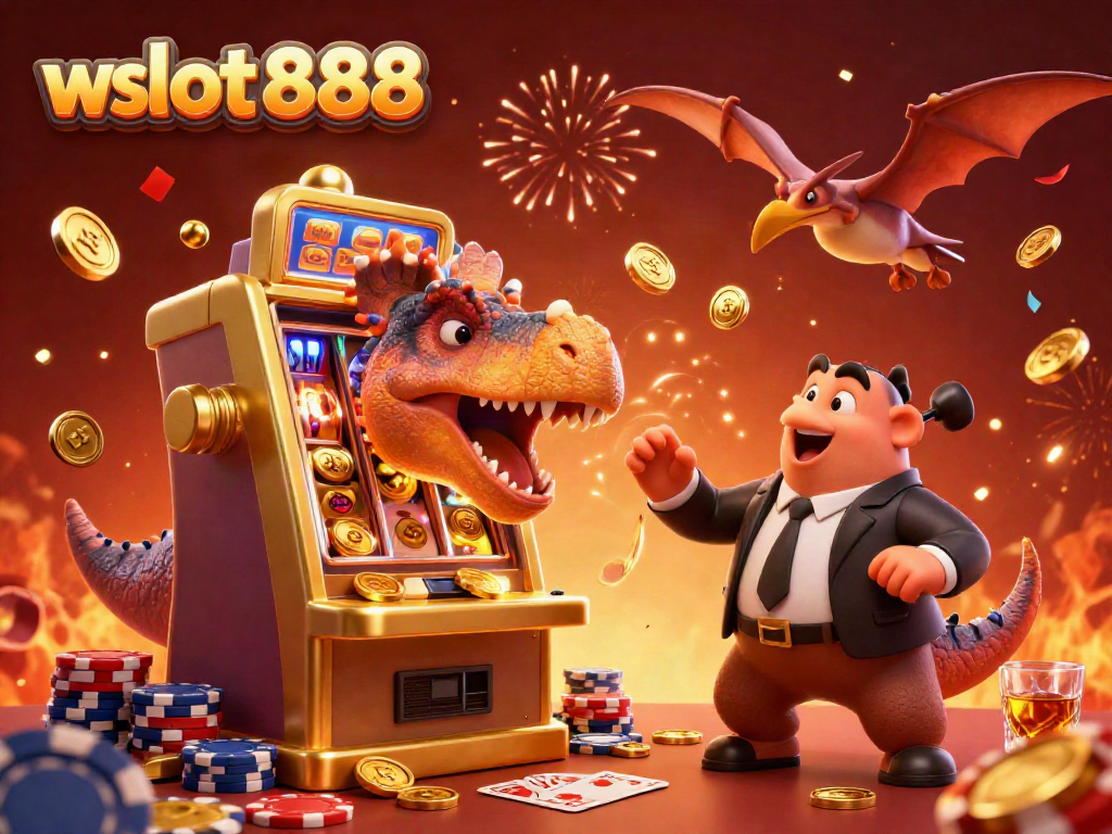 Menghasilkan jackpot di wslot888 dengan pachycephalosaurus dan slot machine, suasana kasino meriah.