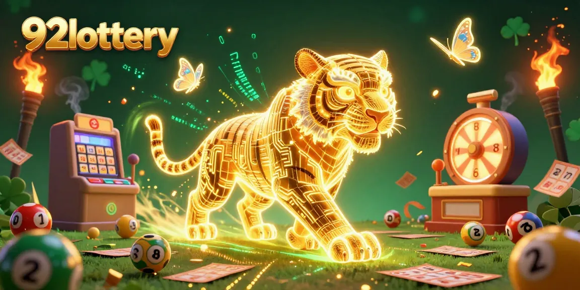 Engage with 92lottery's vibrant lottery world through dynamic 3D illustration featuring holographic elements.