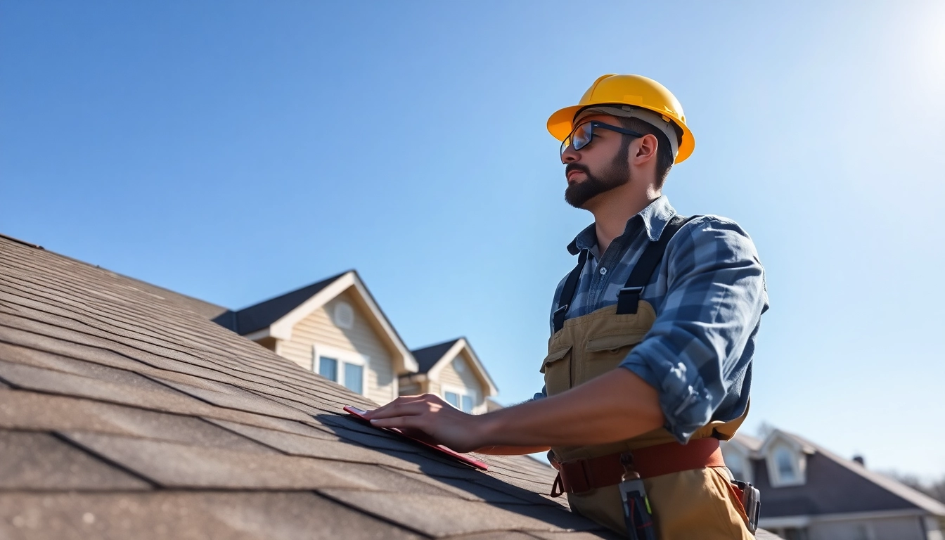 Twinsburg roofing contractor expertly inspecting a residential roof under bright daylight.