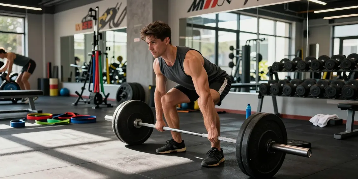 Man lifting weights in mens gym wear, showcasing performance and durability in a modern gym.
