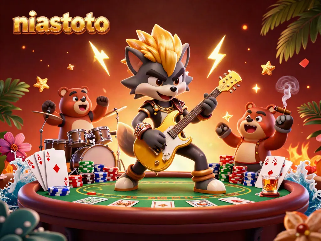 Engage with niastoto's vibrant online casino scene featuring a rock star wolf and dynamic poker elements.
