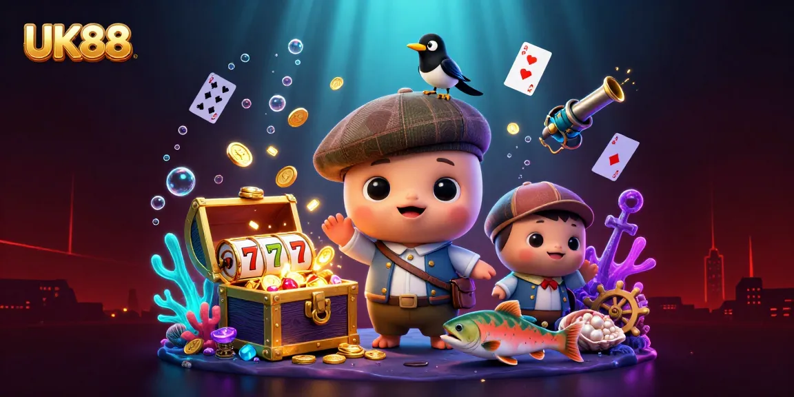 Engage with UK88's vibrant casino adventure featuring baby Nessie and friends surrounded by treasure!