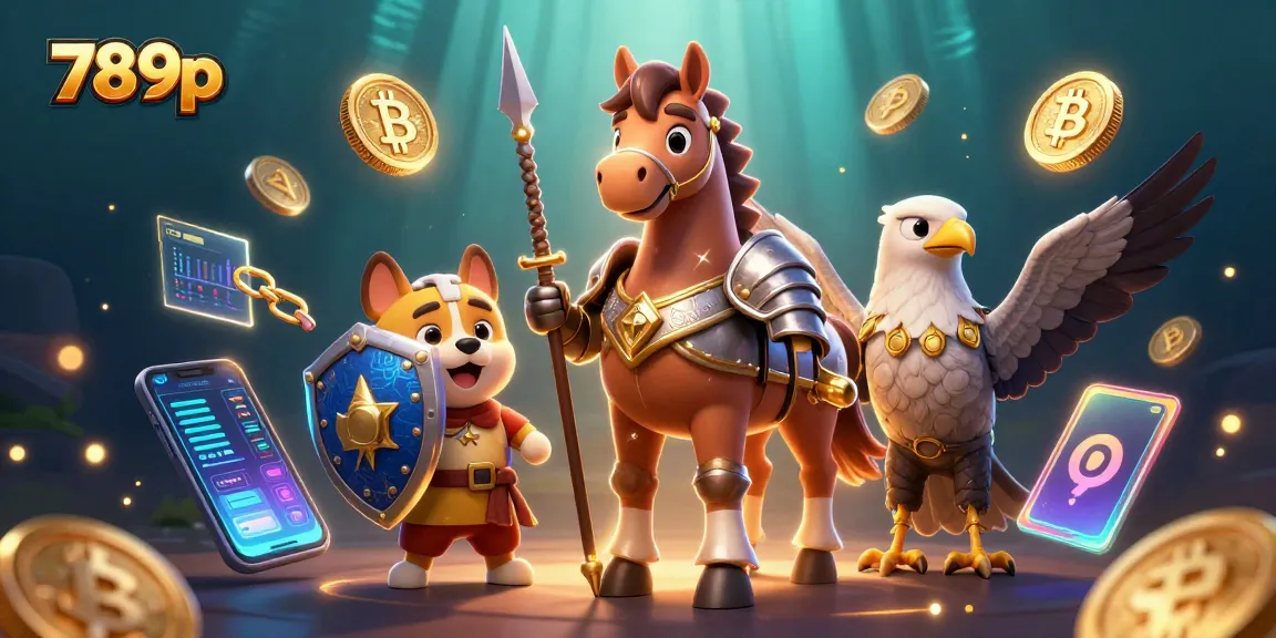 Experience the thrilling world of 789p with a knight, squire, and falcon amidst animated crypto elements.