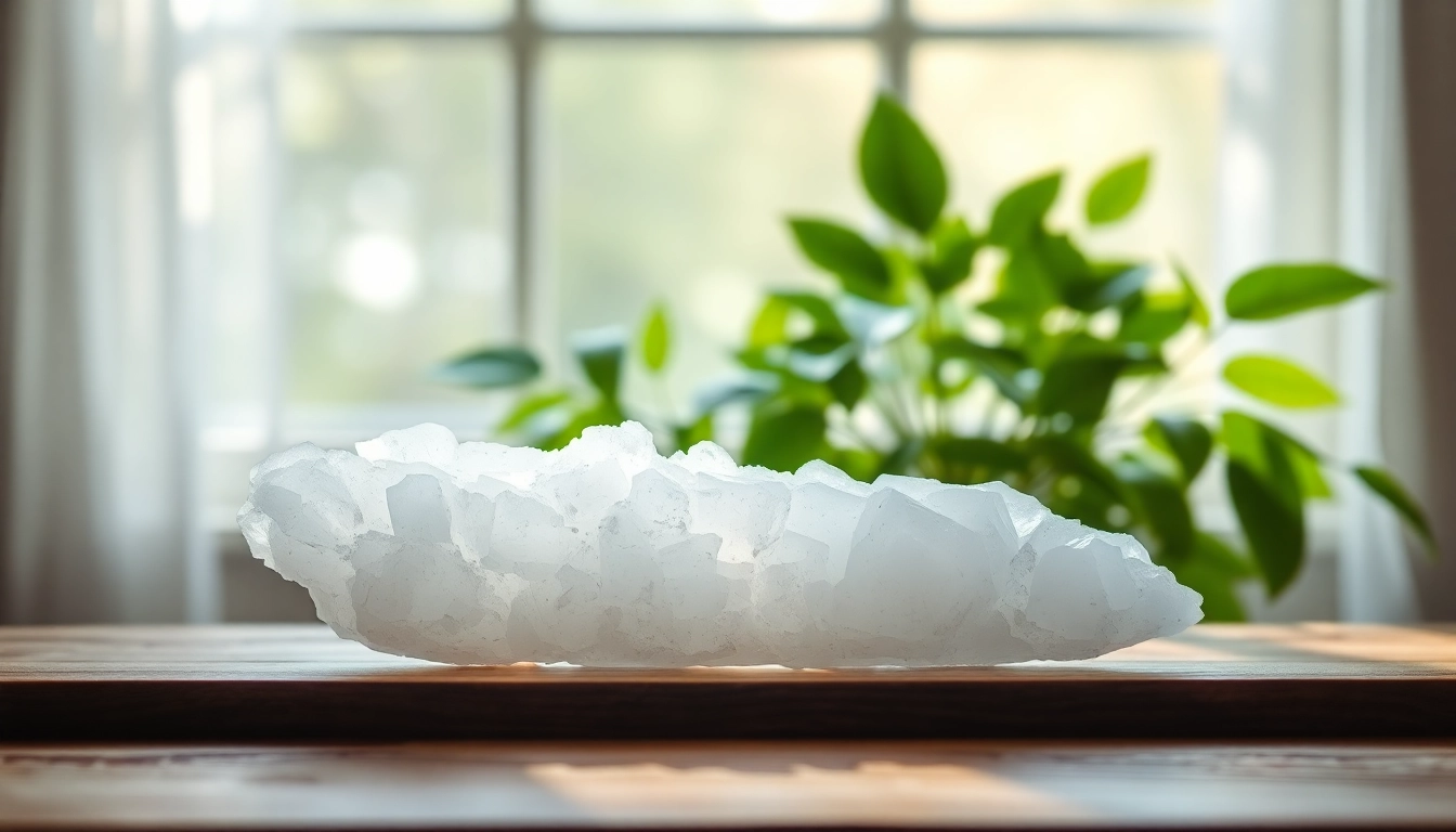 Selenit crystal glows softly on a wooden table, enhancing a serene atmosphere.