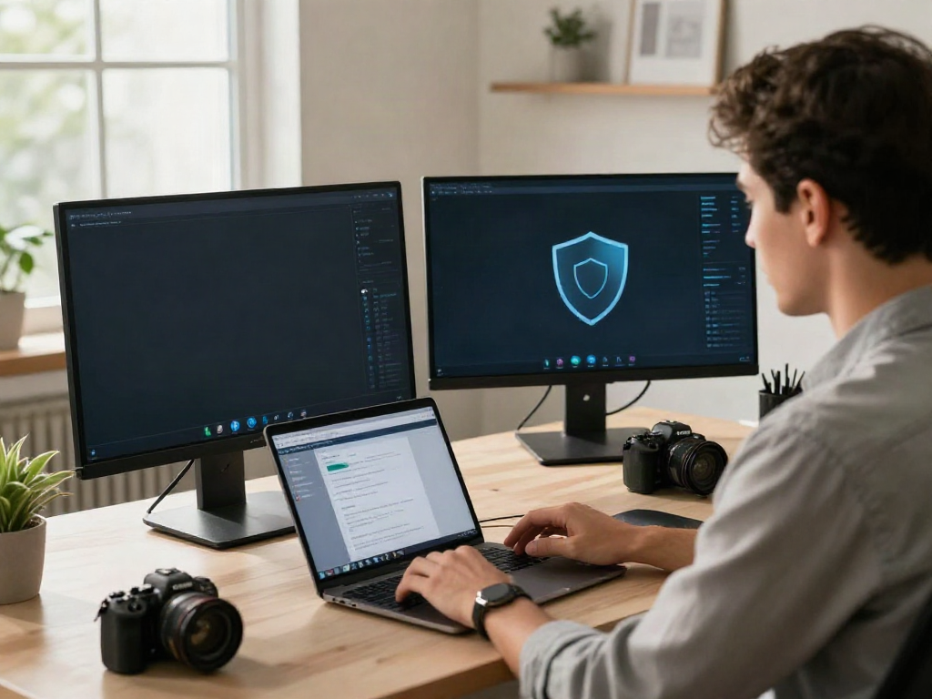Deepfake protected Online Video Calls in a modern office with a professional using cybersecurity software.