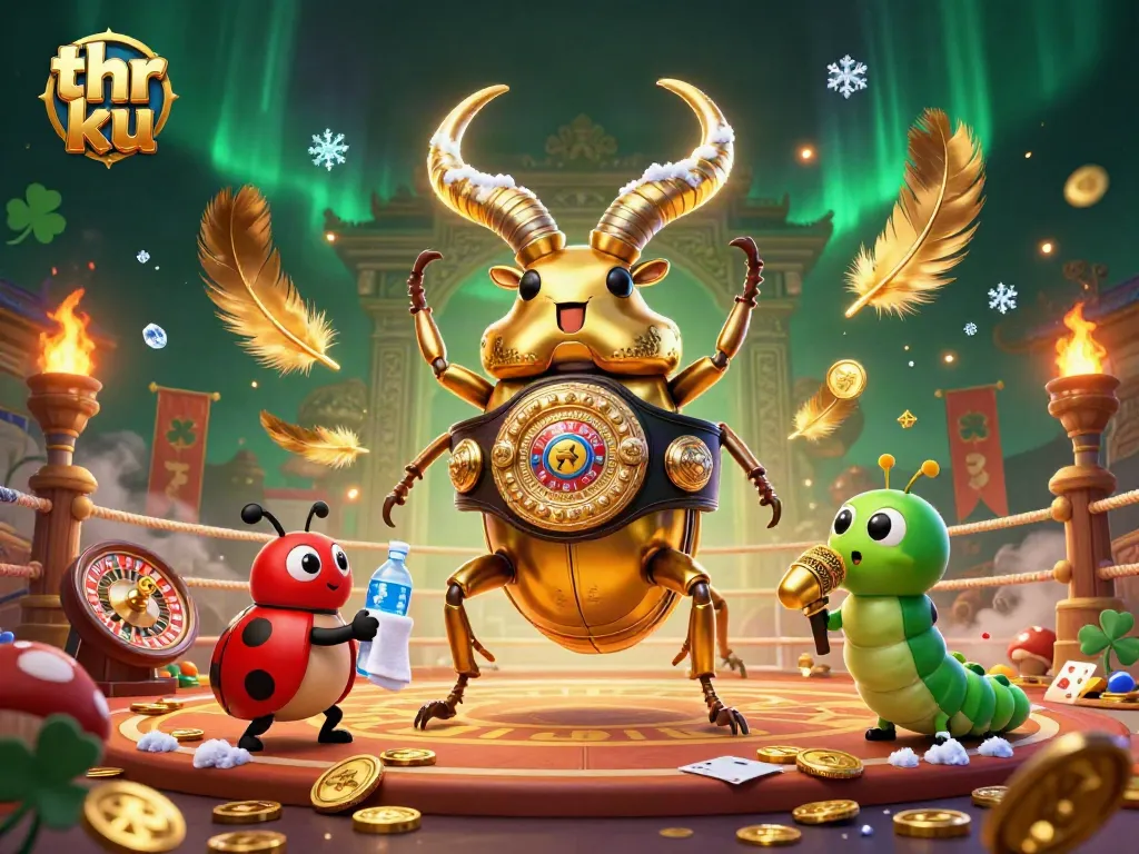 Engage with thrilling action at thr ku casino featuring a golden stag beetle boxing champion surrounded by dynamic betting elements.