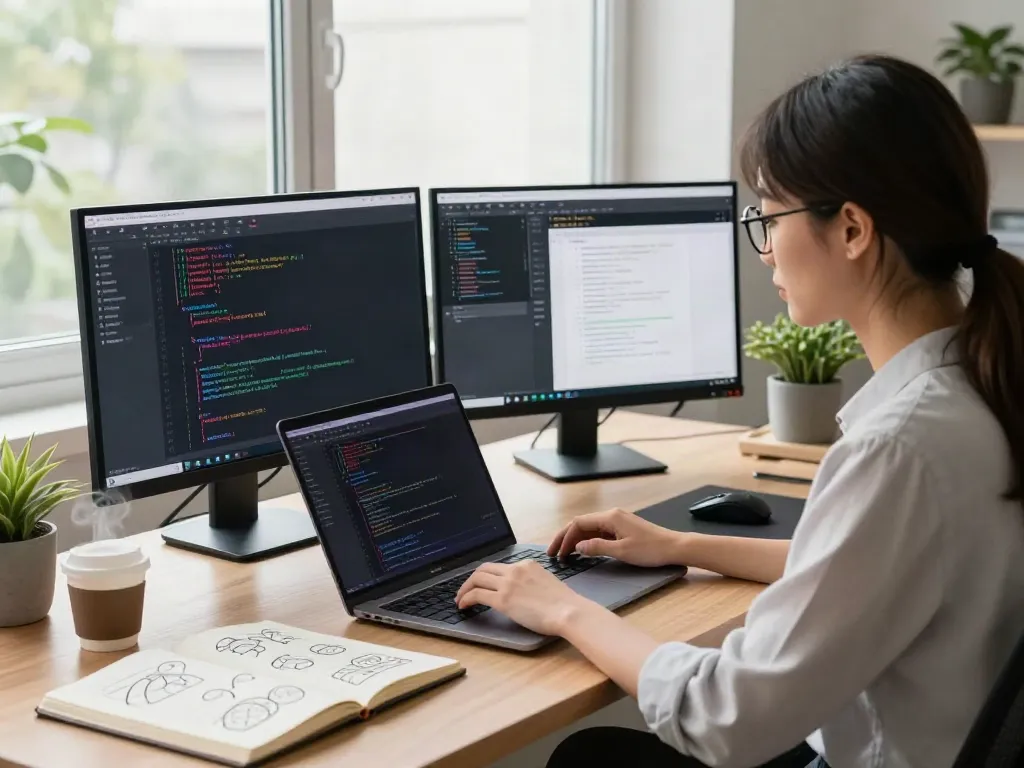 The brave developer coding in a modern workspace with dual monitors and vibrant tech elements.