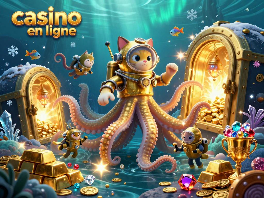 Le kraken doré et le chat plongeur dans un océan de trésors pour le casino en ligne.