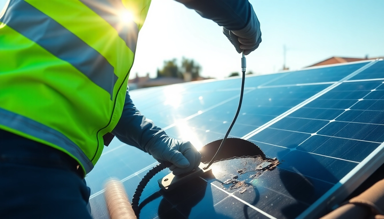 Technician performing emergency solar panel repair on a rooftop with bright sunlight.