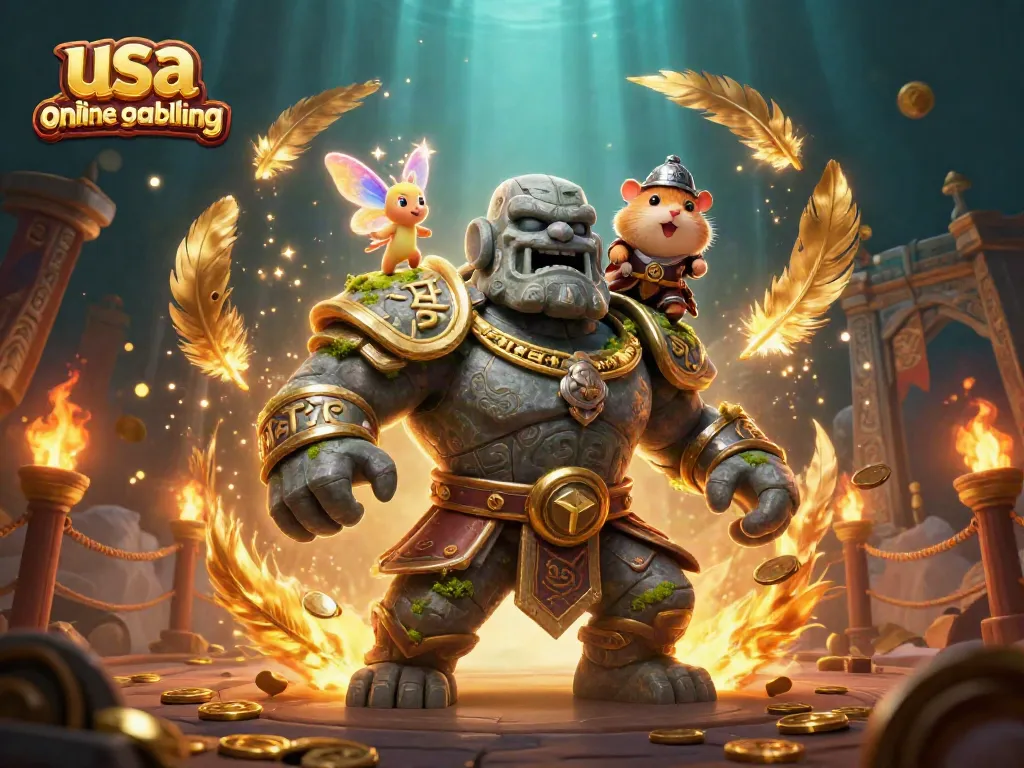 Engage in usa online gambling with a magical scene showcasing a stone golem, fairy, and brave hamster knight.