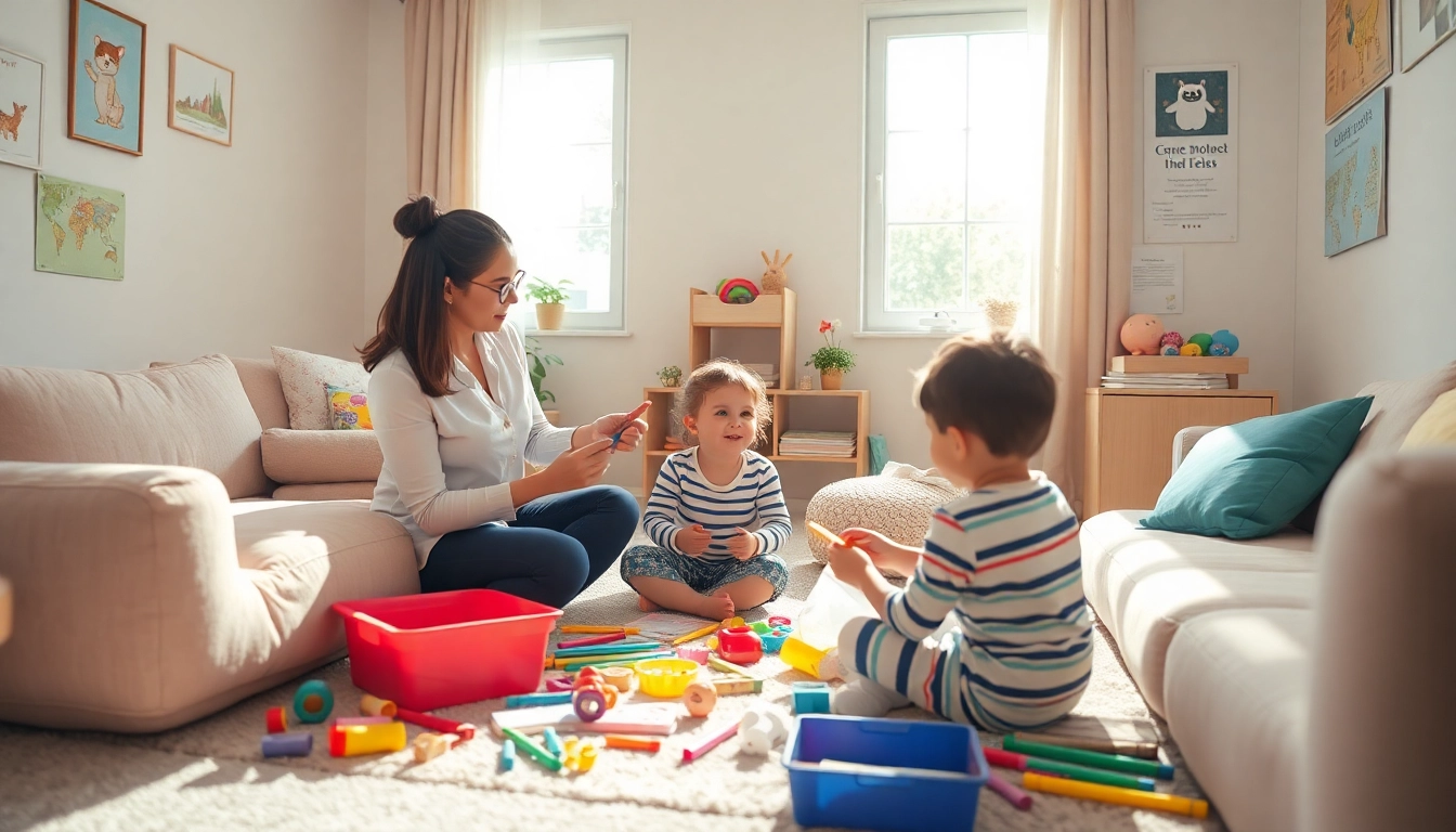 Play Therapist engaging a child in a vibrant therapy room filled with toys and creativity.