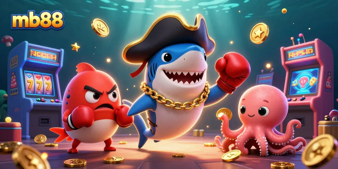 Join the adventure with mb88, featuring a pirate shark, pufferfish, and octopus surrounded by casino gaming elements.