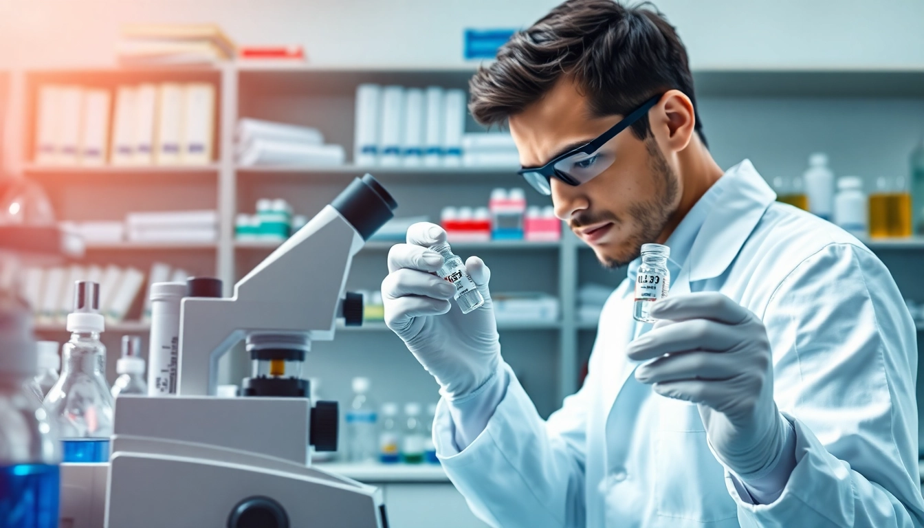 Analyzing IGF-1 LR3 in a laboratory setting with vibrant lab equipment and scholarly resources.