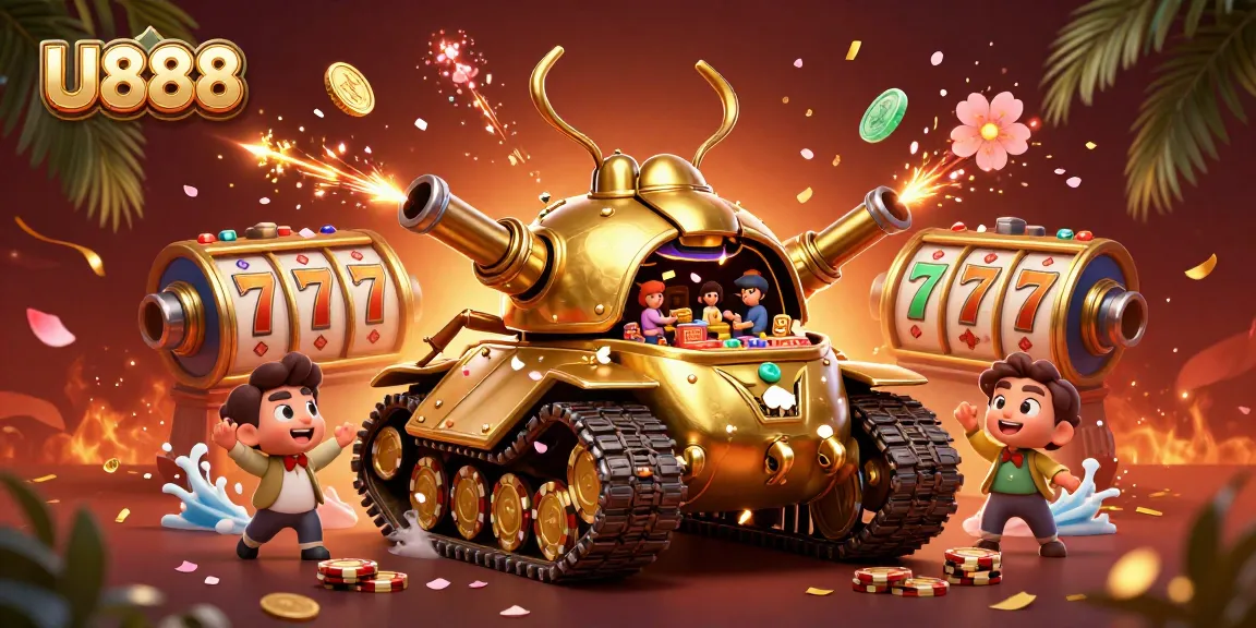 Experience U888's thrilling casino adventure with a massive golden beetle tank and vibrant gaming elements.