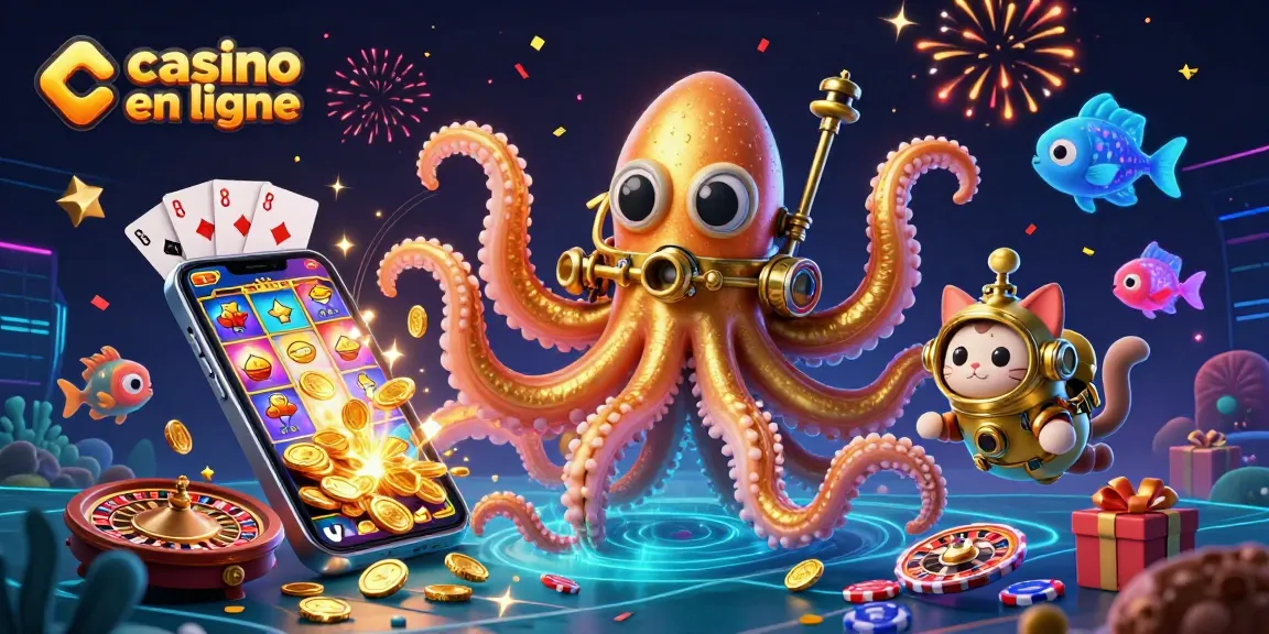Célébrez avec un kraken doré et un chat plongeur dans le vibrant univers de casino en ligne.