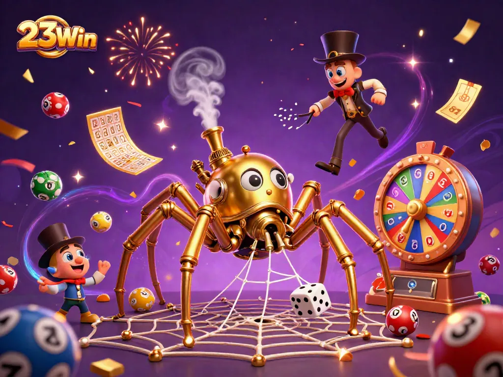 Engage with 23Win as the golden spider captures dice in a vibrant casino environment.