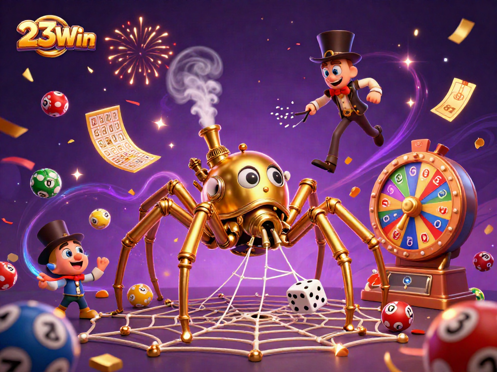 Engage with 23Win as the golden spider captures dice in a vibrant casino environment.