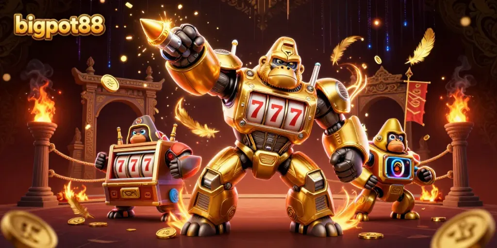 Menyaksikan bigpot88 dengan momen slot kasino yang penuh aksi saat gorila emas mech memunculkan kemenangan!