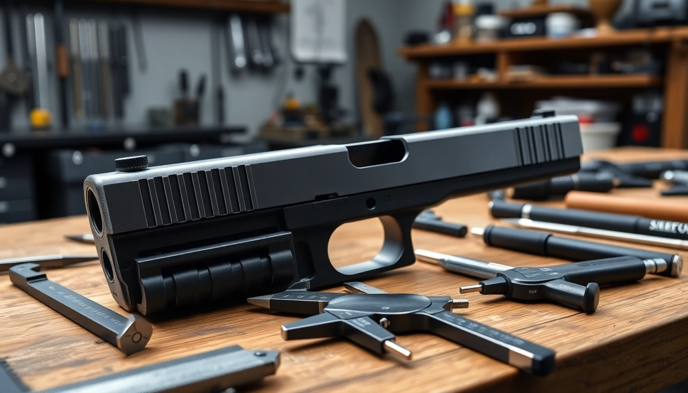 Showcasing an OEM Glock 43X MOS slide with detail and tools in a workshop.