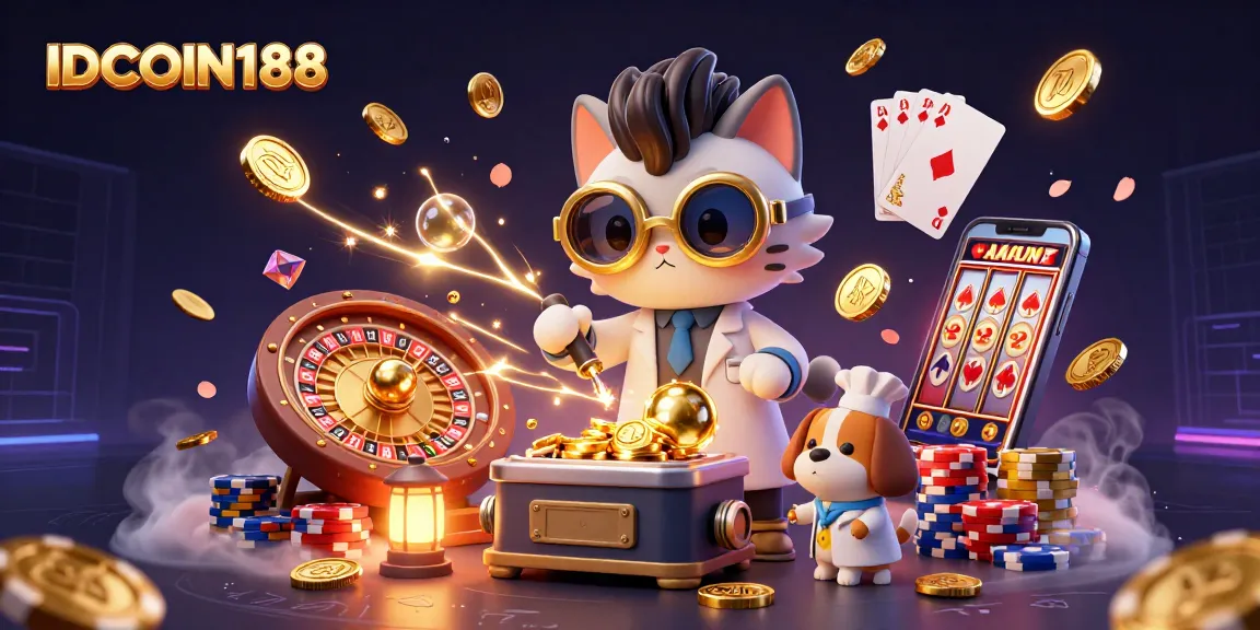 Experience the excitement of IDCOIN188 with slots and vibrant casino elements in a 3D scene.