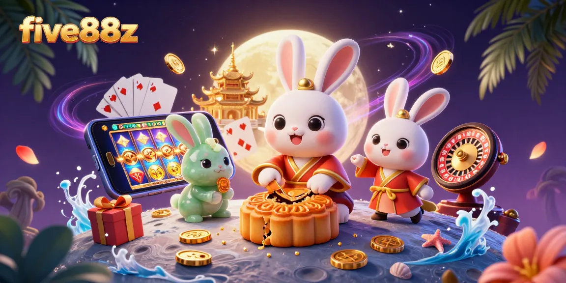 Join the moon rabbit at five88z, as golden mooncakes open to reveal poker chips in a vibrant casino scene.