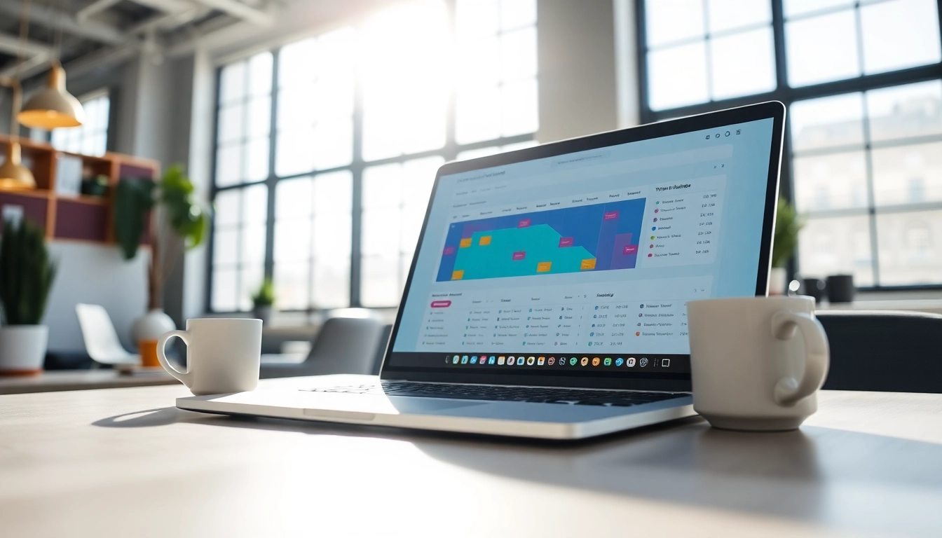 Visualize an AI scheduling assistantI interface on a laptop in a modern office, highlighting productivity and innovation.