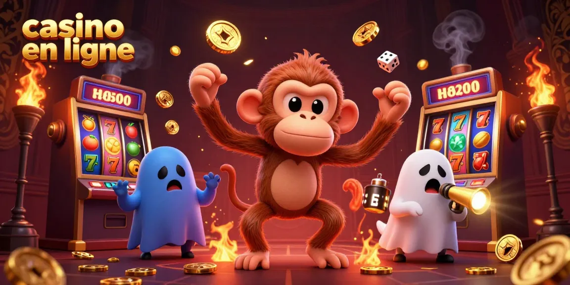 Une scène dynamique de casino en ligne avec un singe poltergeist jonglant et un chiot chasseur de fantômes