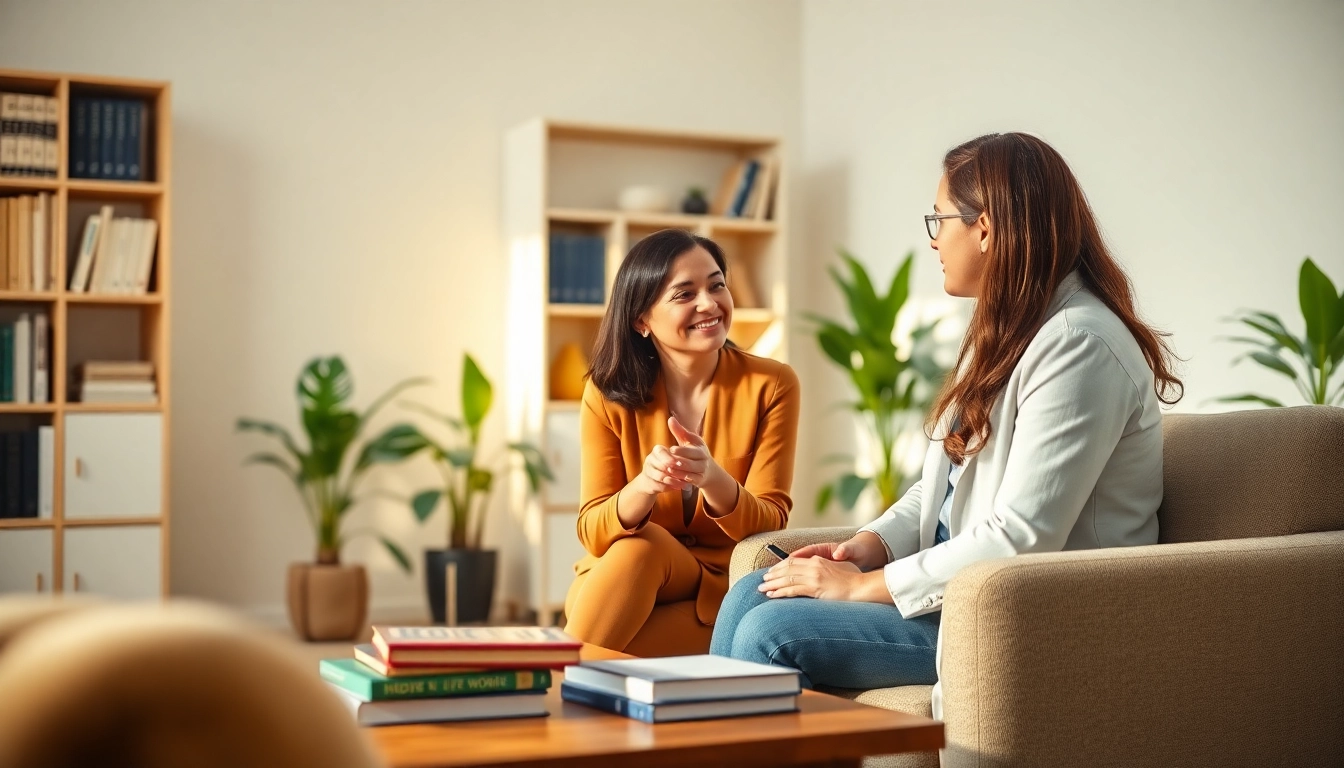 Engaging scene of Life Coaching session in a serene office, highlighting client interaction.